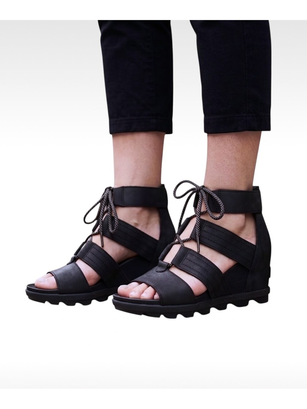 Sorel Joanie Gladiator Black Lace Up Wedge Sandals Womens 8 GUC